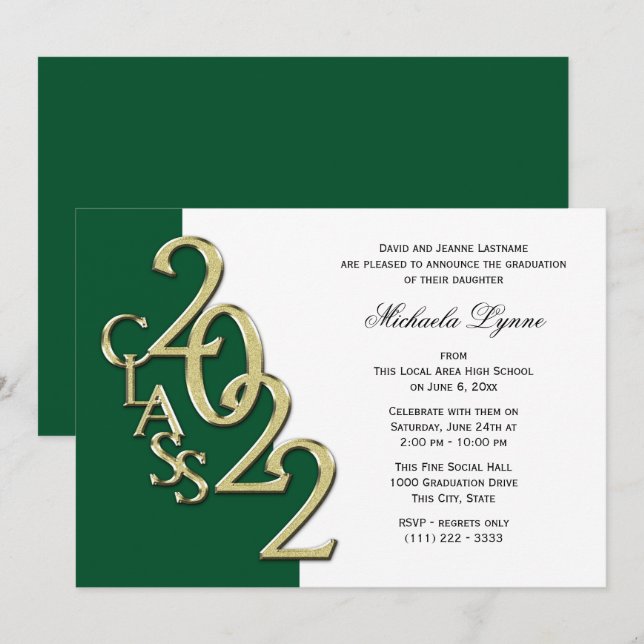Class of 2022 Grad Gold and Green Invitation (Front/Back)