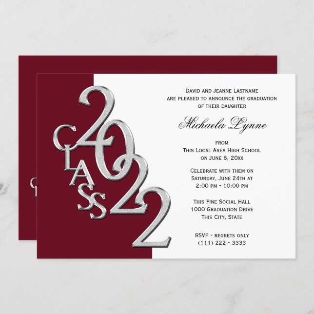 Class of 2022 Grad Silver and Burgundy Invitation (Front/Back)