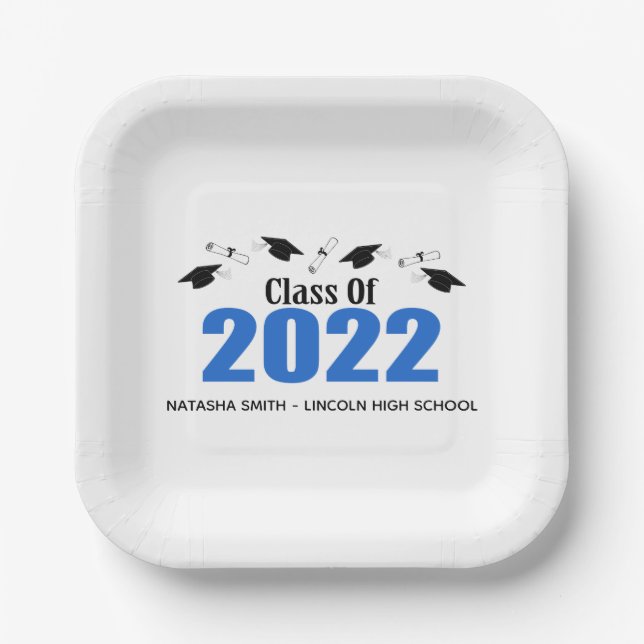 Class Of 2022 Graduation Caps & Diplomas (Blue) Paper Plates (Front)