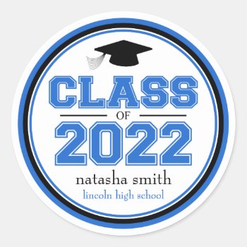 Class Of 2022 Graduation Favor (blue / Black) Classic Round Sticker by WindyCityStationery at Zazzle
