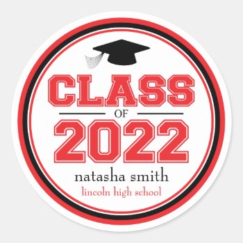 Class Of 2022 Graduation Favor (red / Black) Classic Round Sticker by WindyCityStationery at Zazzle