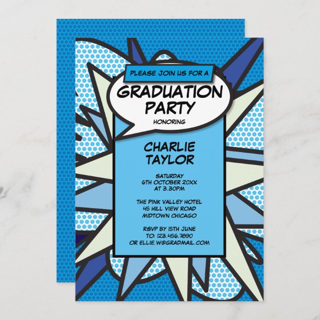 Class of 2022 Graduation Party Comic Fun Blue Invitation (Front/Back)