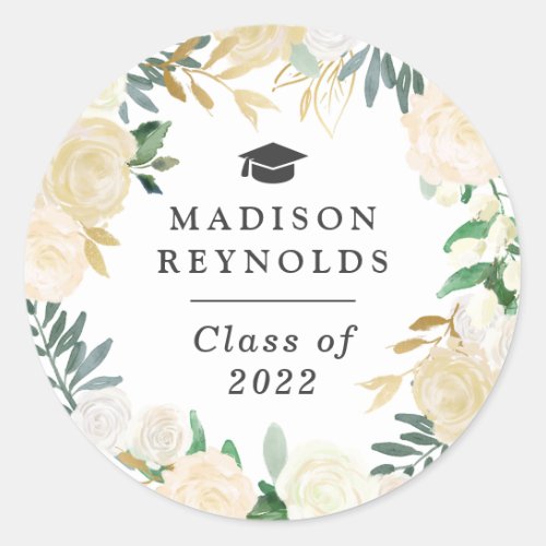 Class of 2022 Graduation White Green Gold Floral Classic Round Sticker