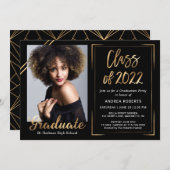 Class of 2022 Modern Black Gold Photo Graduation Invitation (Front/Back)