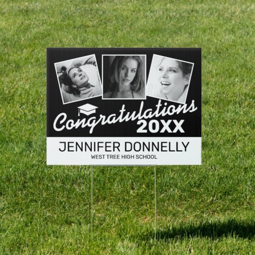 Class of 2022 Photo Graduate Sign - Personalized graduate yard sign featuring a black background that can be changed to any color, 3 photos of the student, a graduation cap, and a congratulations template that is easy to personalize.