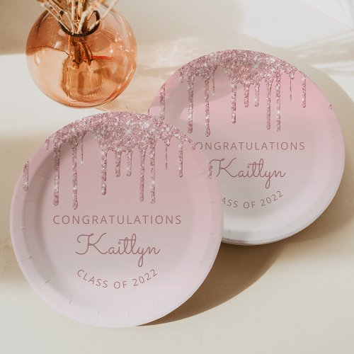 Class of 2022 Pink Glitter Drip Graduation Party Paper Plates