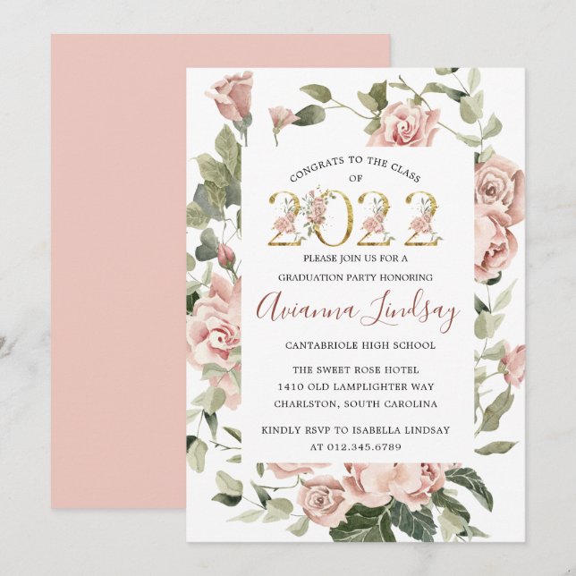 Class of 2022 Pink Rose Floral Graduation Invitati Invitation (Front/Back)
