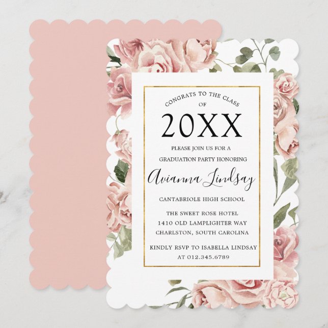 Class of 2022 Pink Rose Floral Graduation Invitation (Front/Back)