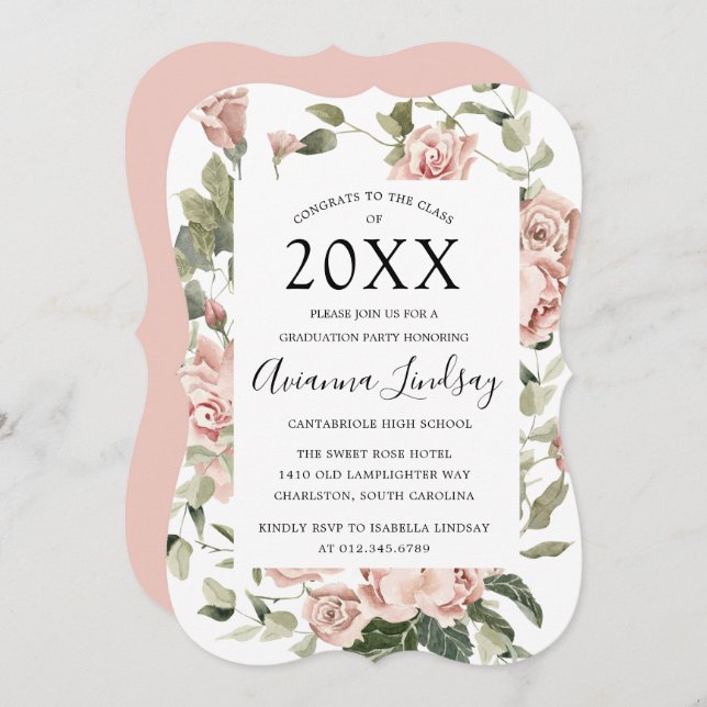 Class of 2022 Pretty Pink Rose Floral Graduation Invitation (Front/Back)
