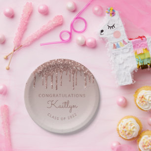 Class of 2022 Rose Gold Glitter Drip Graduation Paper Plates