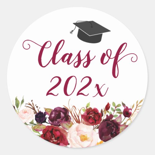 Class of 2022 Rustic Burgundy Floral Graduation Classic Round Sticker - Customize this "Class of 2022 Rustic Burgundy Floral Graduation Favor Sticker" to add a special touch.  It's perfect for all occasions. For further customization, please click the "customize further" link and use our design tool to modify this template.