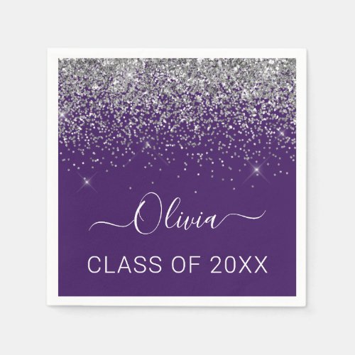 Class of 2022 Silver Purple Glitter Graduate Napkins
