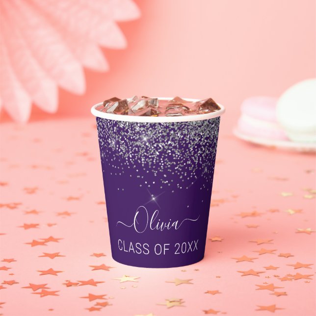 Class of 2022 Silver Purple Glitter Graduate Paper Cups (Insitu)