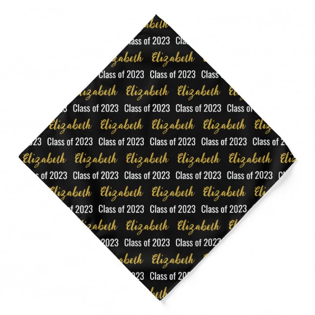 Class of 2023 and Graduate's Name Black White Gold Bandana (Front)