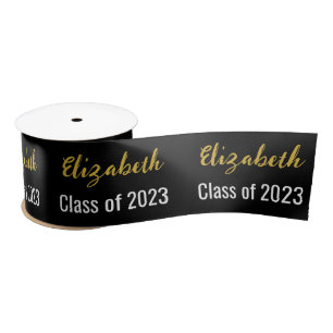 Class of 2023 and Graduate's Name Black White Gold Satin Ribbon