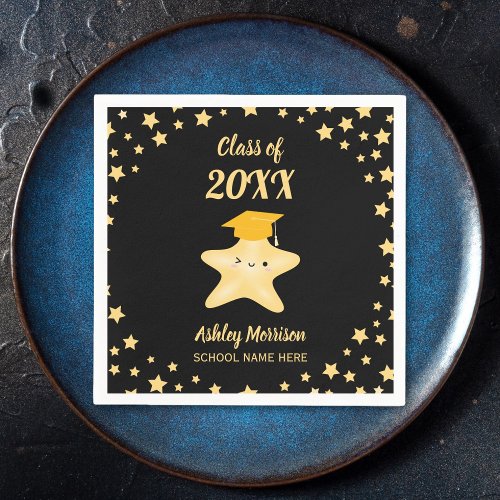 Class of 2023 Black and Gold Star Graduation Party Napkins
