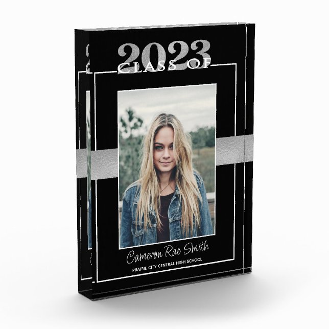 Class of 2023 Black Silver Graduation Keepsake Photo Block (Left)