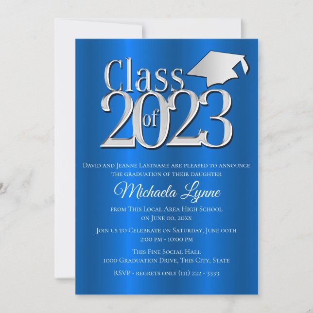 Class of 2023 Blue and Silver Graduation Cap Invitation (Front)
