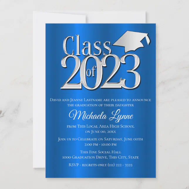 Class of 2023 Blue and Silver Graduation Cap Invitation | Zazzle