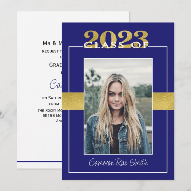 Class of 2023 Blue & Gold Graduation Party Invitation (Front/Back)