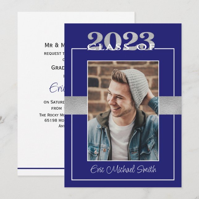 Class of 2023 Blue & Silver Graduation Party Invitation (Front/Back)