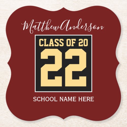 Class of 2023 Burgundy Black and Gold Graduation Paper Coaster