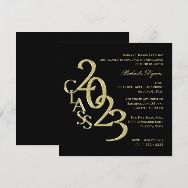 Class of 2023 Elegant Gold and Black Invitation (Front/Back)