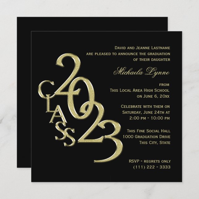 Class of 2023 Elegant Gold and Black Invitation (Front/Back)