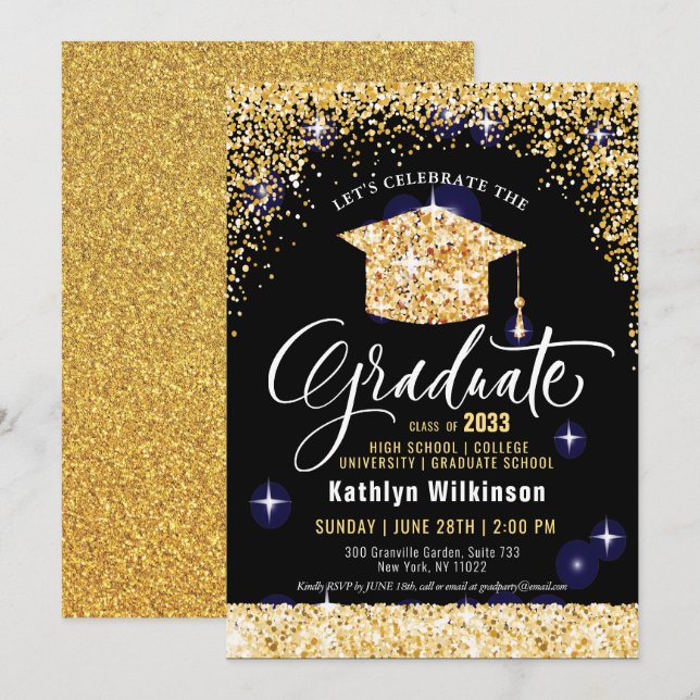 Class of 2023 Elegant Gold Glitter Graduation  Invitation (Front/Back)