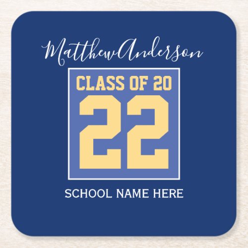 Class of 2023 Elegant Royal Blue  Gold Graduation Square Paper Coaster