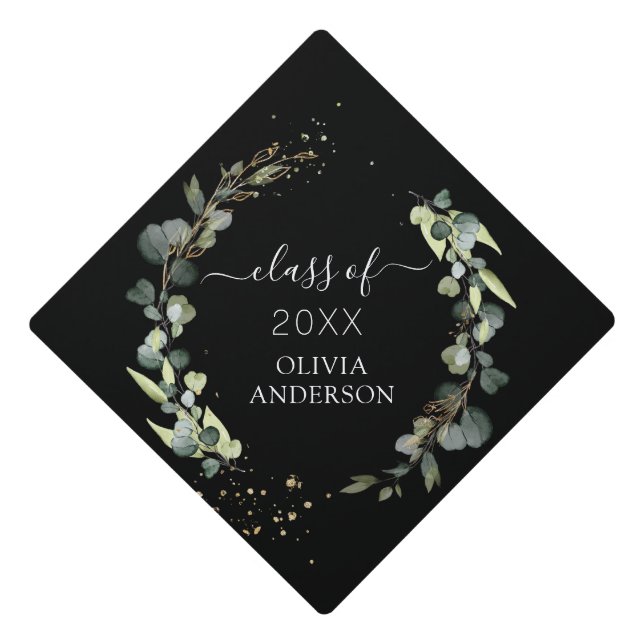 Class of 2023 Eucalyptus Greenery Graduate Black Graduation Cap Topper (Front)