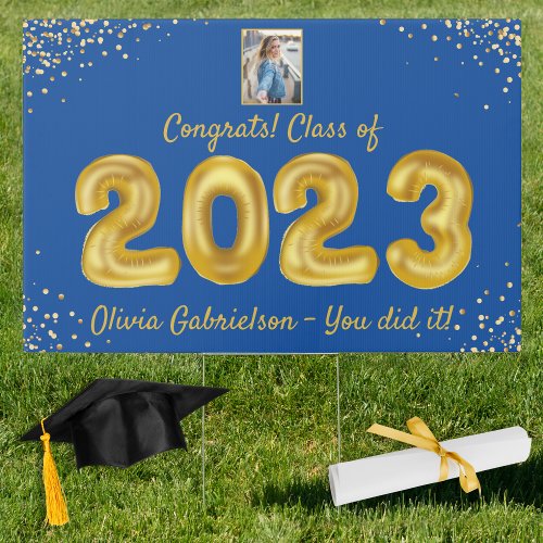Class of 2023 Gold Balloons Blue Graduation Yard Sign