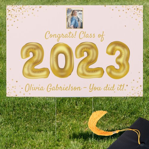 Class of 2023 Gold Balloons Pink Graduation Yard Sign