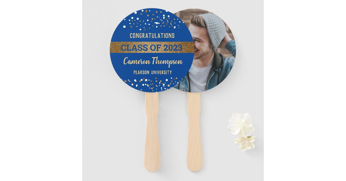 Class of 2023 gold blue confetti Graduate photo Hand Fan | Zazzle