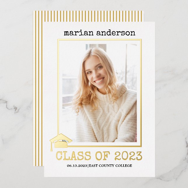 Class of 2023 gold foil graduation photo foil invitation (Front/Back)