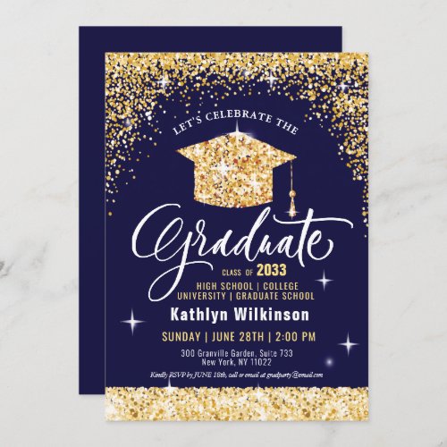 Class of 2023 Gold Glitter Blue Elegant Graduation Invitation