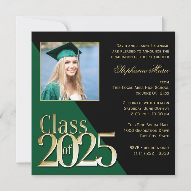Class of 2023 Gold Grad Green with Photo  Invitation (Front)