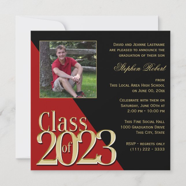 Class of 2023 Gold Grad Red and Black with Photo Invitation (Front)