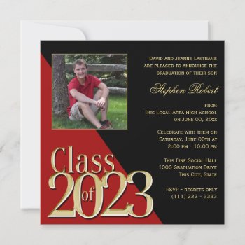 Class Of 2023 Gold Grad Red And Black With Photo Invitation by happygotimes at Zazzle