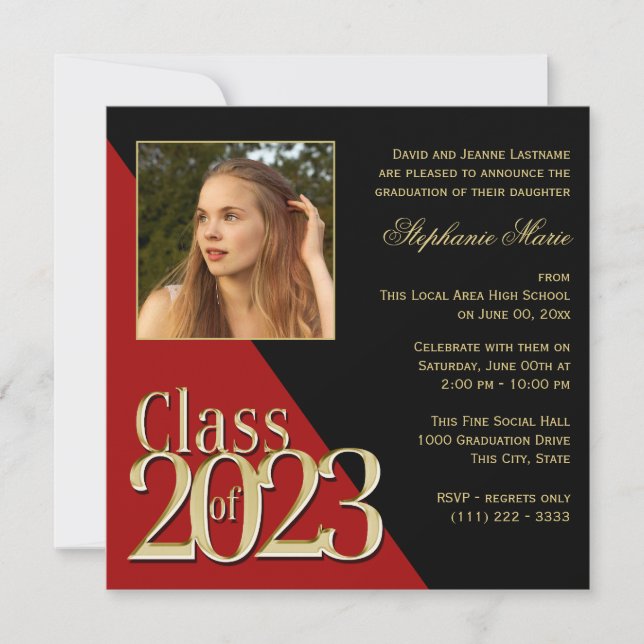 Class of 2023 Gold Grad Red with Photo Invitation (Front)