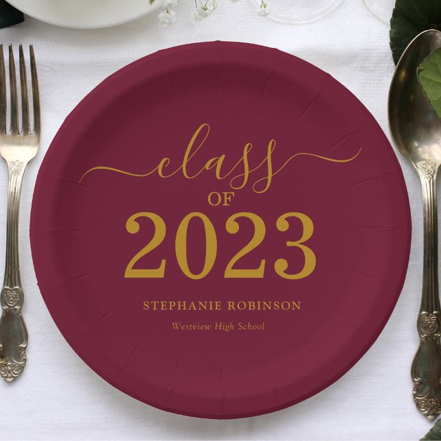 Class of 2023 Gold Maroon Graduation Party Paper Plates (Creator Uploaded)
