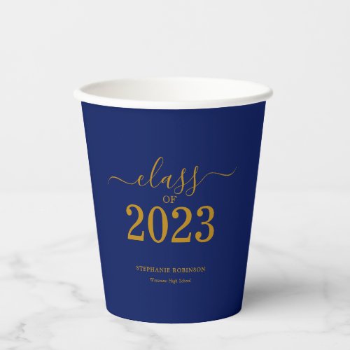 Class of 2023 Gold Navy Blue Graduation Party Paper Cups