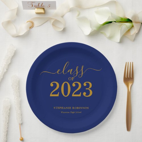 Class of 2023 Gold Navy Blue Graduation Party Paper Plates