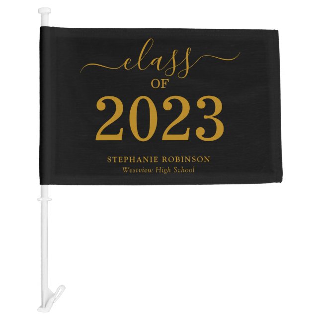 Class of 2023 Gold Script On Black Graduation  Car Flag (Front)