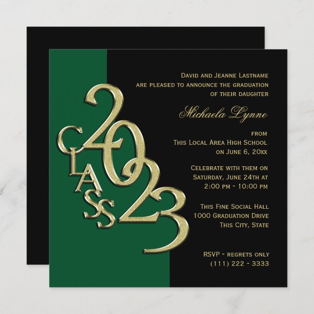 Class of 2023 Grad Green and Gold Invitation (Front/Back)