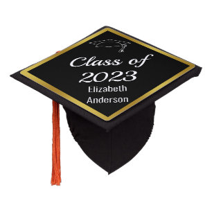 Class of 2023 Grad Name Elegant Black White Gold Graduation Cap Topper