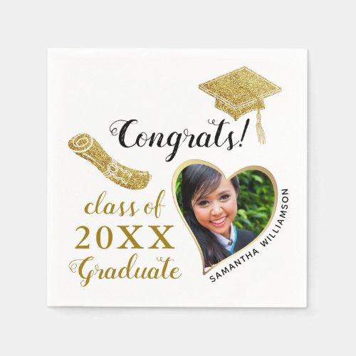 Class of 2023 Grad Photo White and Gold Graduation Napkins