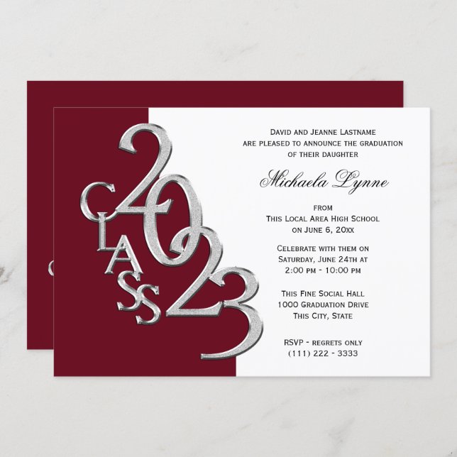 Class of 2023 Grad Silver and Burgundy Invitation (Front/Back)