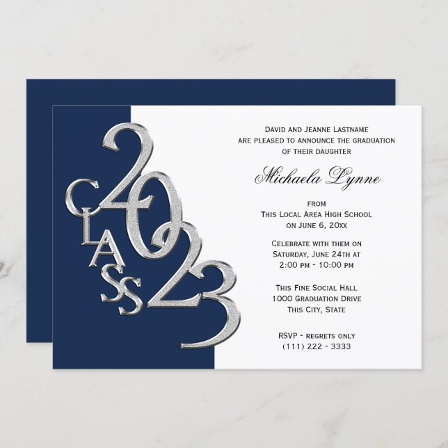 Class of 2023 Grad Silver and Navy Blue Invitation (Front/Back)