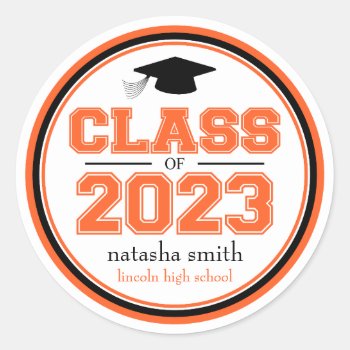 Class Of 2023 Graduation Favor (orange / Black) Classic Round Sticker by WindyCityStationery at Zazzle